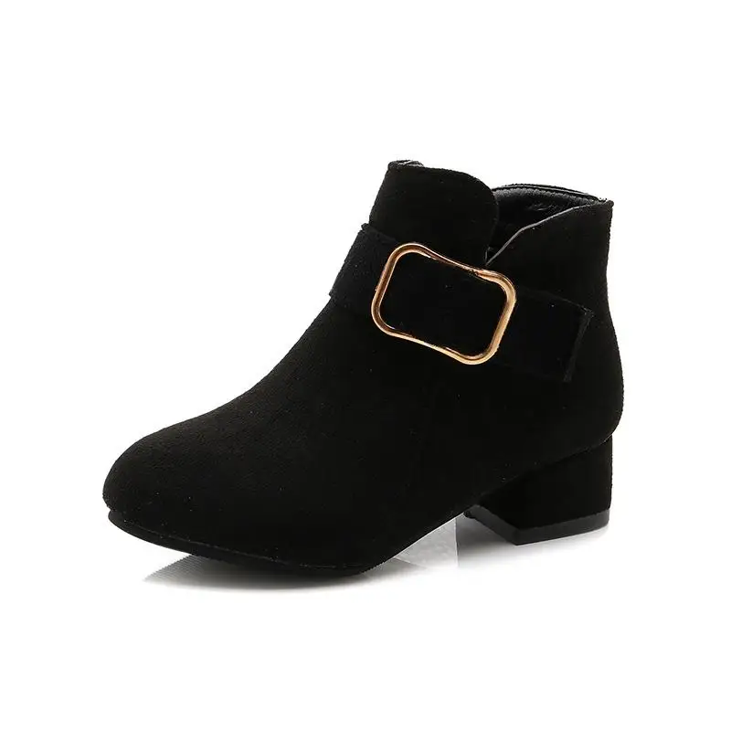 SKOEX/осенне-зимние ботинки для девочек; модные ботинки с пряжкой для детей; Детские ботильоны; Милая теплая обувь принцессы - Цвет: Черный