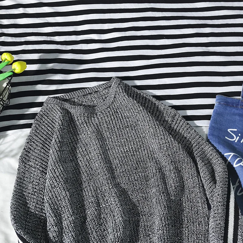 Winter Sweater Men's Fashion Stripe Matching Knitted Sweater Pullover Round Collar Casual Popular Sweater