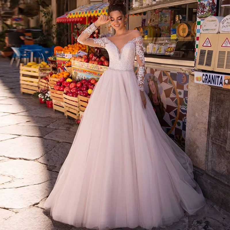 Сексуальное свадебное платье с глубоким v-образным вырезом Abito Sposa Illusion, с длинным рукавом, с открытыми плечами, брюидсюркен пояс с кристаллами простое свадебное платье