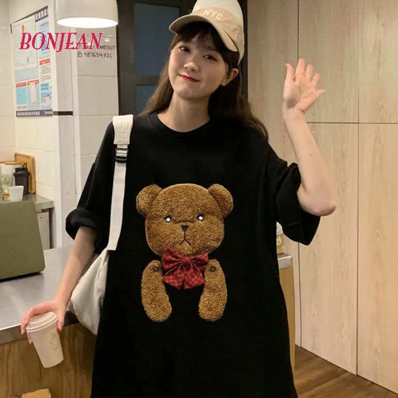 

Cartoon Bear Animal Printed Summer Funny T Shirt Women Casual Loose Oversize Korean Style 2020 Short Sleeve Female T-shirts