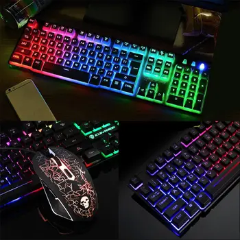 Teclado y alfombrilla de ratón para ordenador portátil y PC, teclado ergonómico con cable USB, retroiluminado, LED, arcoíris, 1 Juego 2