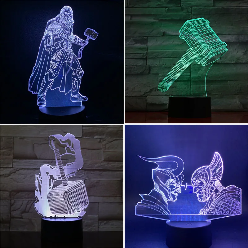 Disney Мстители 3D светодиодный Ночник светильник Тор 7 цветов меняющая лампа