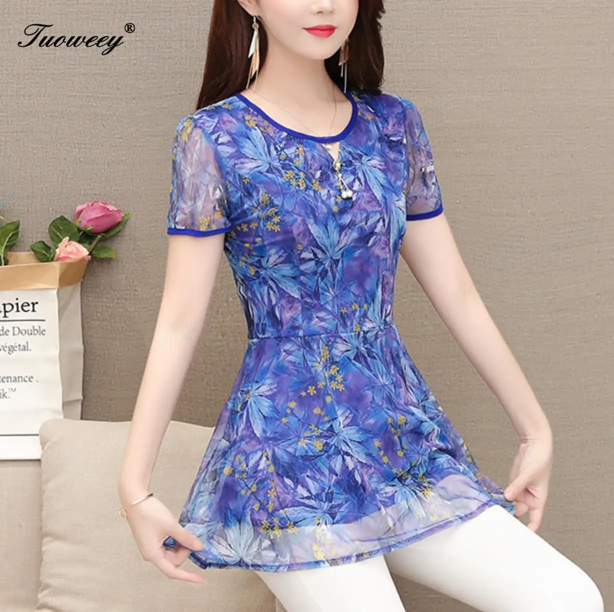 

women summer floral blouse shirt plus size 5XL New Fashion Chiffon red women's clothing o-neck Print feminine tops blusas