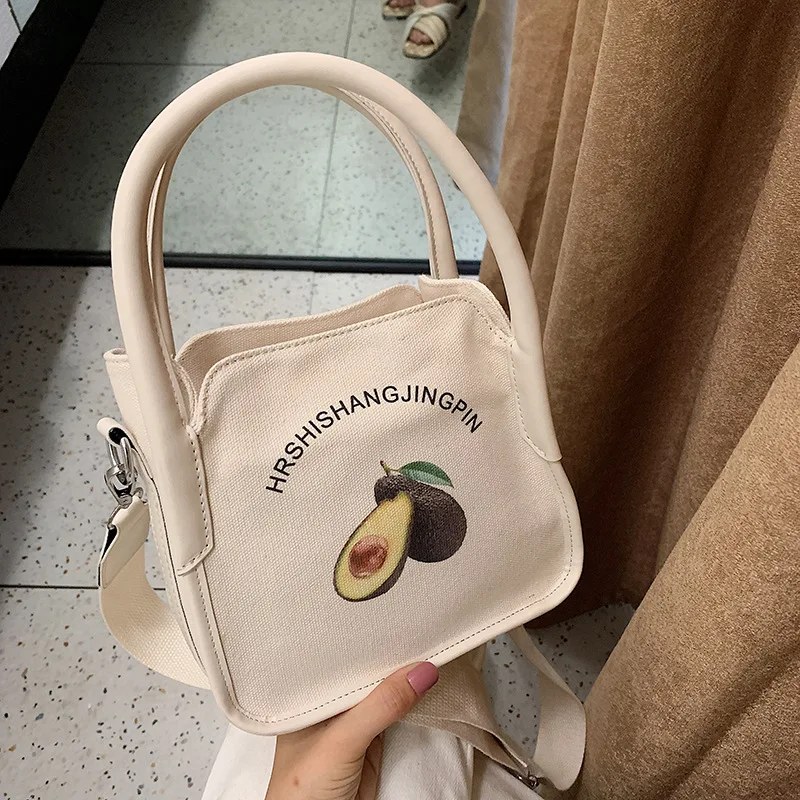 

2019 new canvas Japanese mini small square bag avocado printed shoulder slung bag