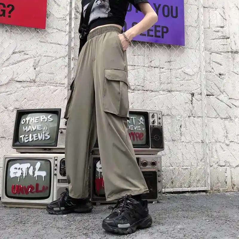 Черный Высокая талия широкие женские брюки-карго с карманами, свободные уличная корейский Pantalon 2019 модная одежда в стиле «хип-хоп» Femme брюки