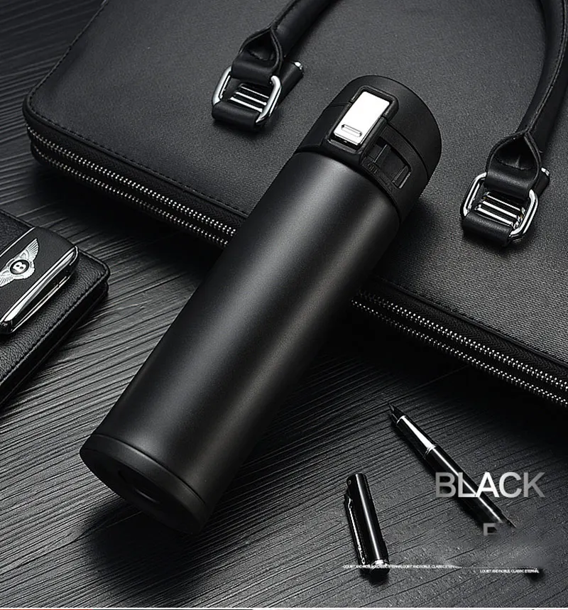 black 350 мл/450 мл термос чашка дорожная бутылка для напитков нержавеющая сталь с двойными стенками Изолированная вакуумная колба кофейная кружка домашний офис Термокружка - Color: black
