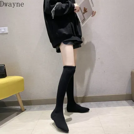 Socks boots female 2019 autumn new net red with the tip of flat bottom over knee was thin elastic wild | Обувь