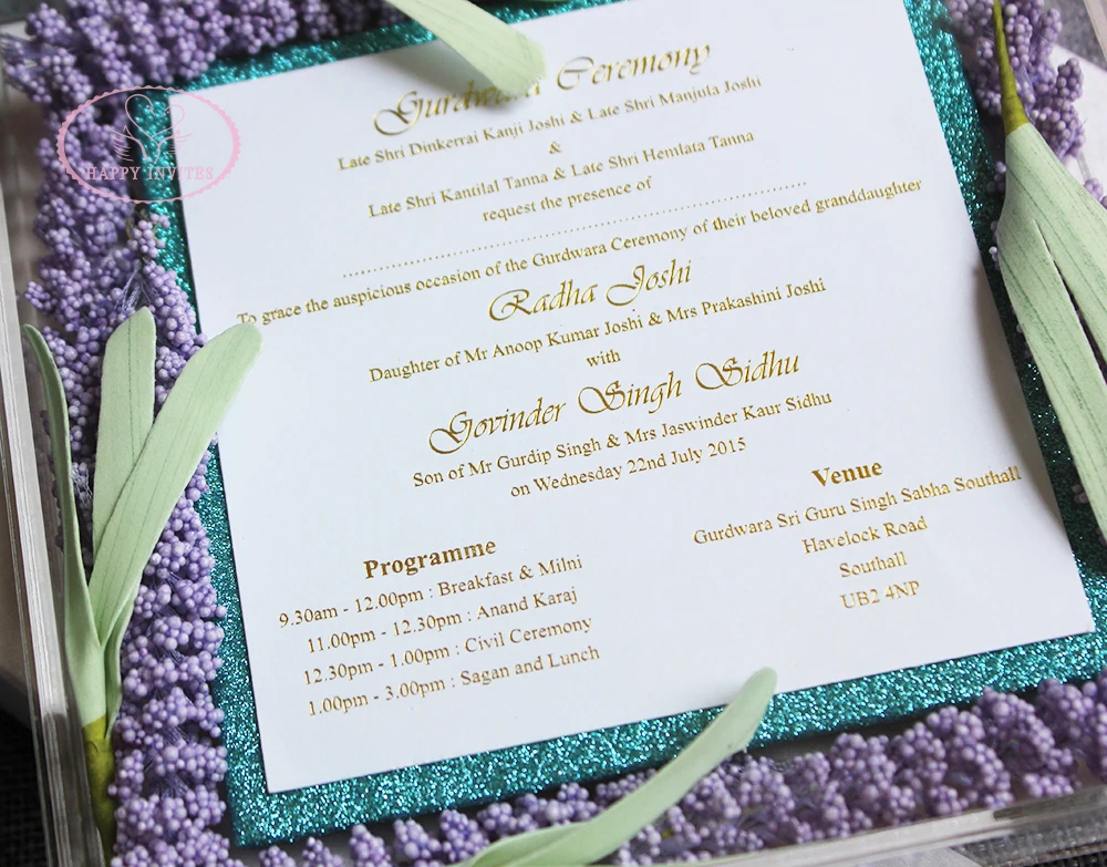 HI4083-04 Acrylic Box Wedding Invitation with Lavender Flowers Gold Foil Print For Lavender Theme Wedding