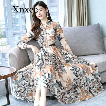 

2020 Autumn NewHigh Quality Plus Size M-3XL Elegant Flower Printed V Collar Woman Chiffon Long Dress