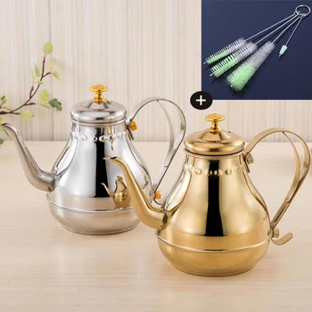 

Stainless Steel Silver Gold Teapot Gooseneck Pour Coffee Tea Kettle Filter Strainer Pot with Teapot Mouth Cleaning Brush