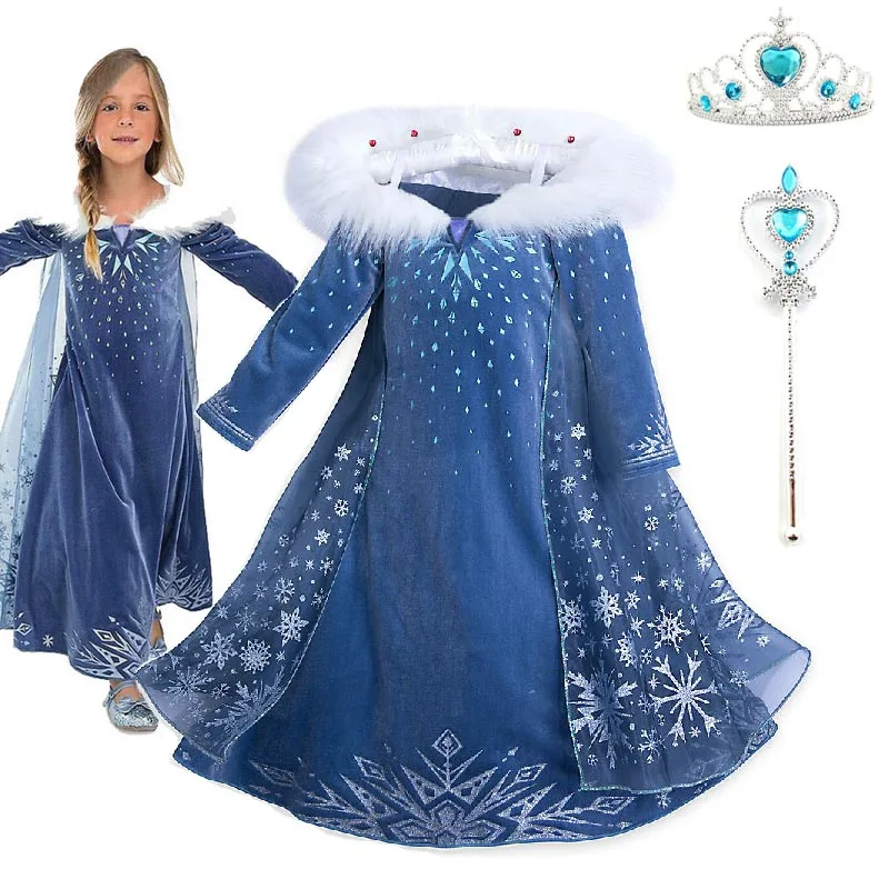 Зимняя теплая с длинным рукавом для девочек принцесса Эльза и Анна Снежная королева платье для костюмированной вечеринки