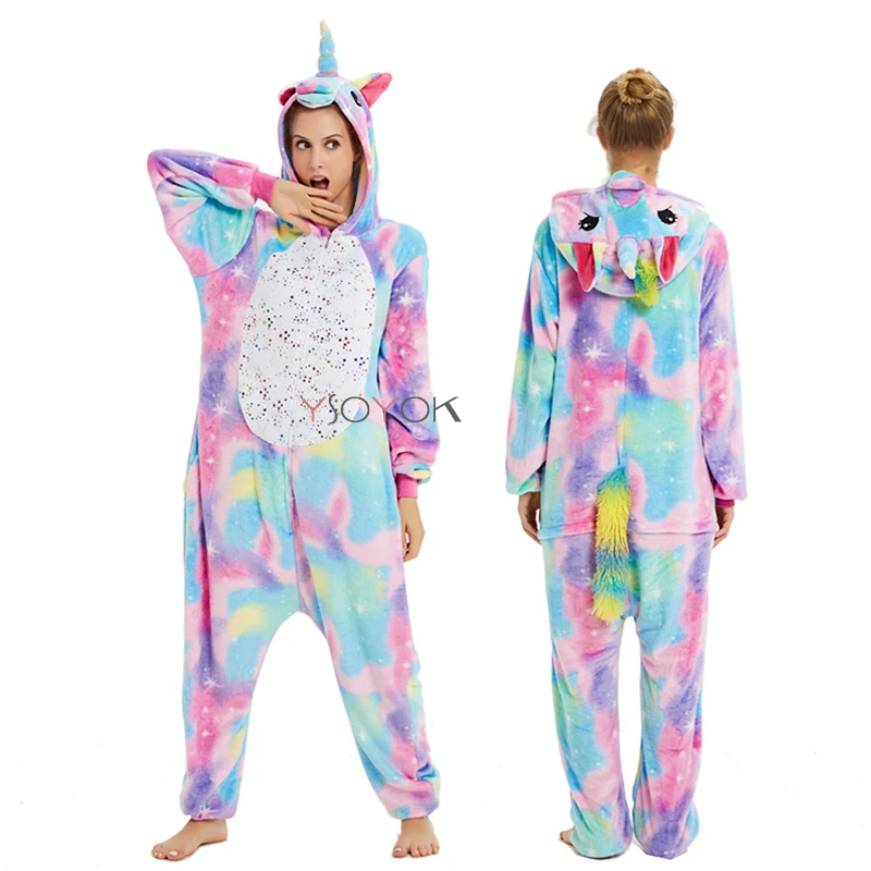 Пижамы единорога, женский комбинезон, кигуруми, панда, зимняя Фланелевая пижама, кигуруми, для взрослых, ночная рубашка, стежка, единорог, одежда для сна, комбинезон
