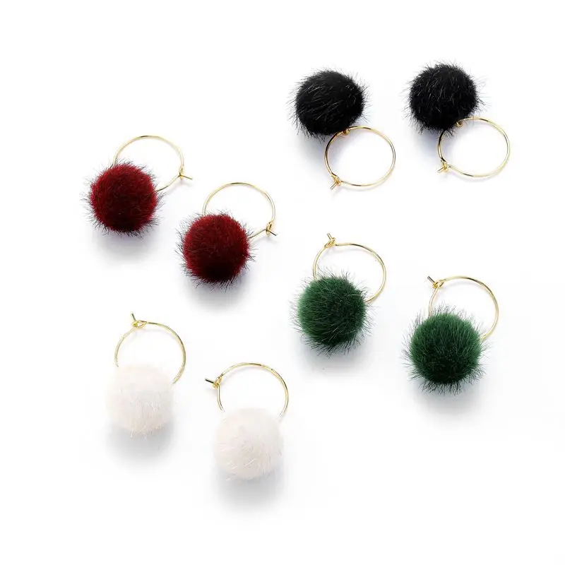 Зимние ювелирные изделия Бургундия Зеленый Белый Черный Hairball серьги-кольца корейские модные женские серьги-кольца милые девушки серьги оптом