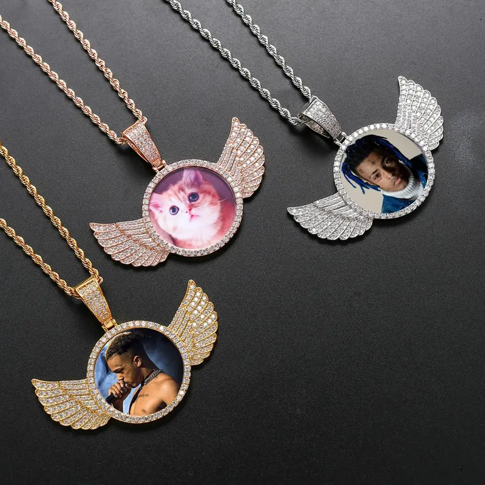 

Angel Wings Medallions Custom Photo Pendant Necklace Mens Hip Hop Jewelry Iced Out Zircon Pendant Personality Engraved Name Gift