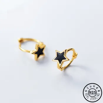 

925 Sterling Silver Black Star Small Hoops Piercing Earrings Gold Color Plated Round Circle Party Ear Rings for Women