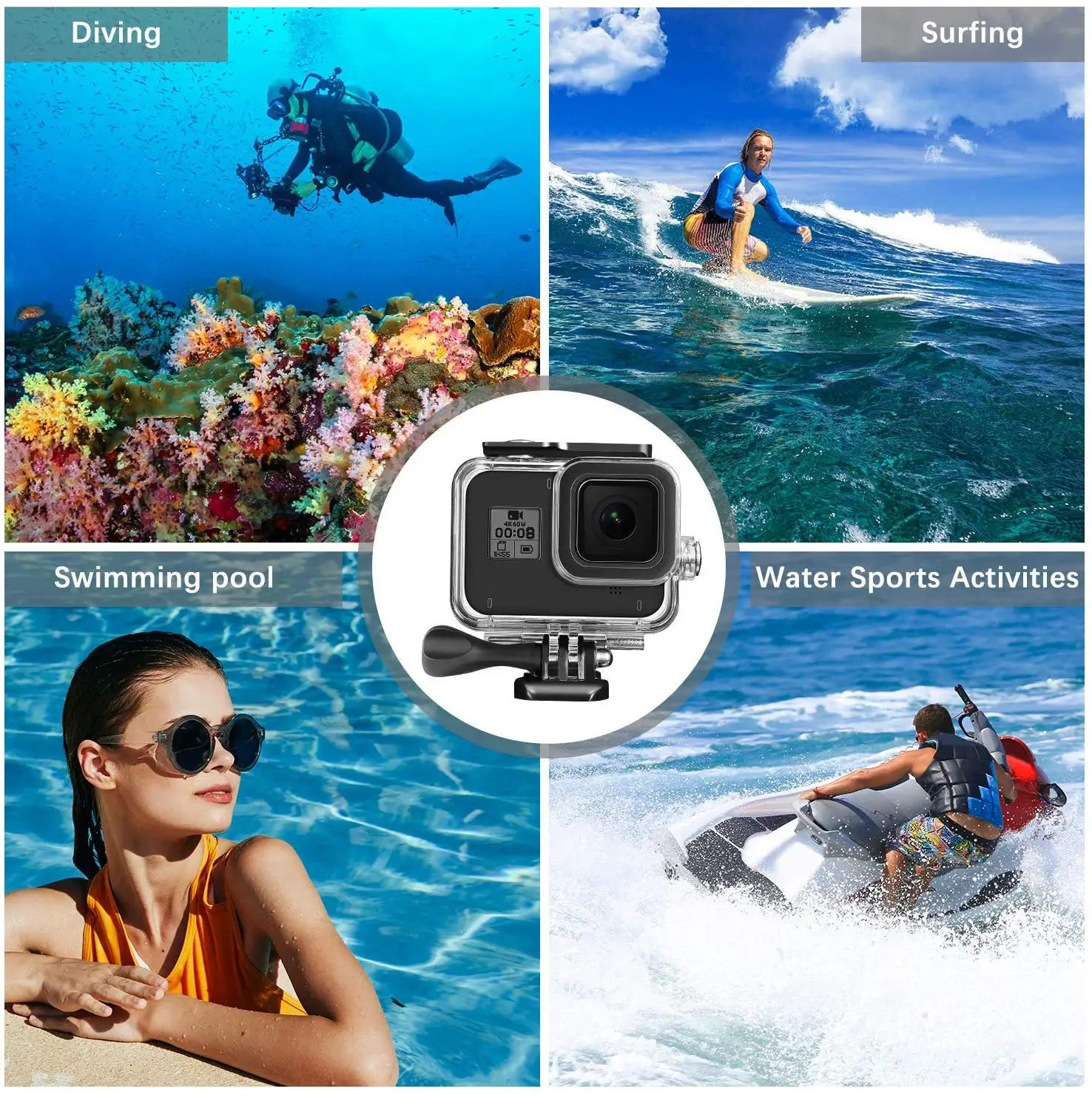 Аксессуары совместимы с GoPro Hero 8, включая чехол для путешествий+ Водонепроницаемый чехол+ закаленное стекло для защиты экрана силиконовый чехол