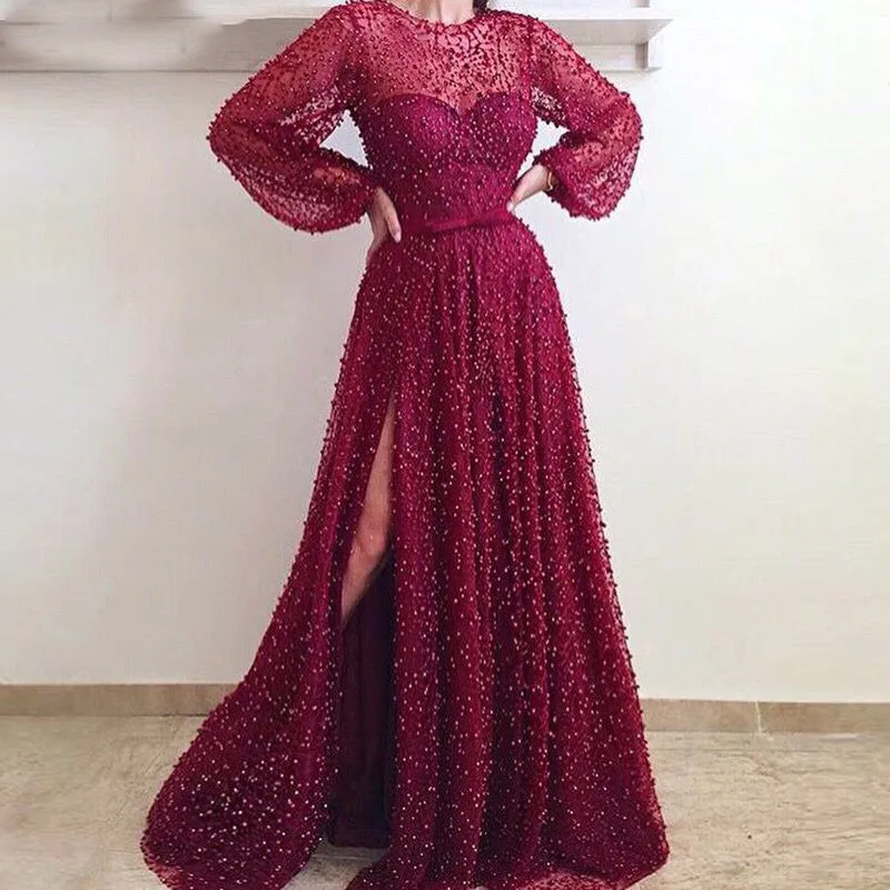 Lantern Sleeve High Split Wine Red Pearls Lace Long Sleeve Evening Dresses Luxury Tulle Evening Gown Real Photo Dubai