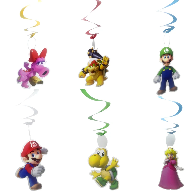 6 unids/lote Tema de Súper Mario decorar el techo espiral de colgar Feliz cumpleaños guirnaldas de fiesta suministros DIY bebé ducha remolinos