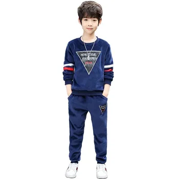 

Autumn Winter teens Boys Clothing Sets Kids Casual Letter Thicken Velvet Sweatshirt+Pants Sets Children Sports Boutique Clothes