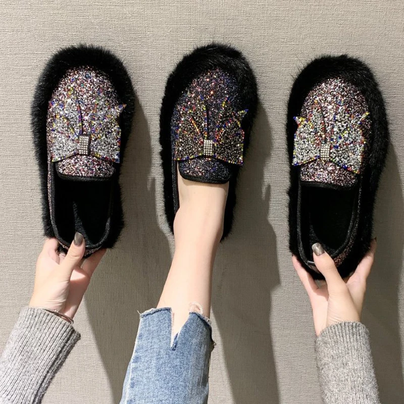 

women cotton shoes glitter rhinestone bow-knot mink fur flats non-slip moccasins winter brand warm creepers lazy slip on loafers