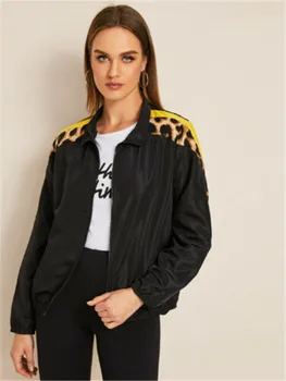 

Women Fashion Autumn Sport Leopard Loose Long Sleeve Cool Stitching Top Zipper Punk Loose Casual Patchwork Coat Jacket Tops