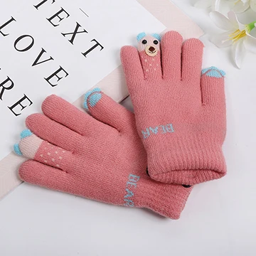 Для детей 5-9 лет, двухслойные перчатки с мультяшными кончиками пальцев и медведем, милые Креативные теплые перчатки для девочек - Цвет: red