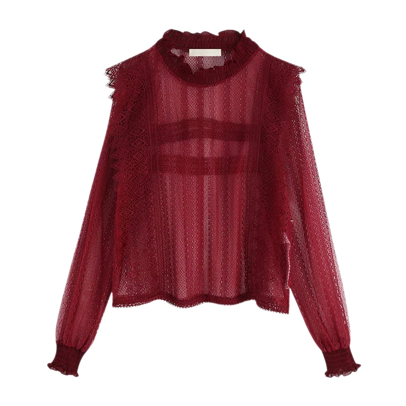 

Women Vintage Lace Design Blouse Long Sleeve See Through Female Stylish Chic Shirts Silm Fit Tops FFZSY465