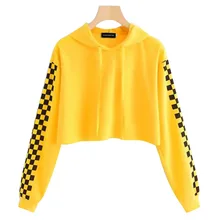 Осенняя толстовка с капюшоном в стиле Харадзюку женская уличная черная клетчатая толстовка с капюшоном женская модная короткая верхняя одежда Moletom желтый пуловер
