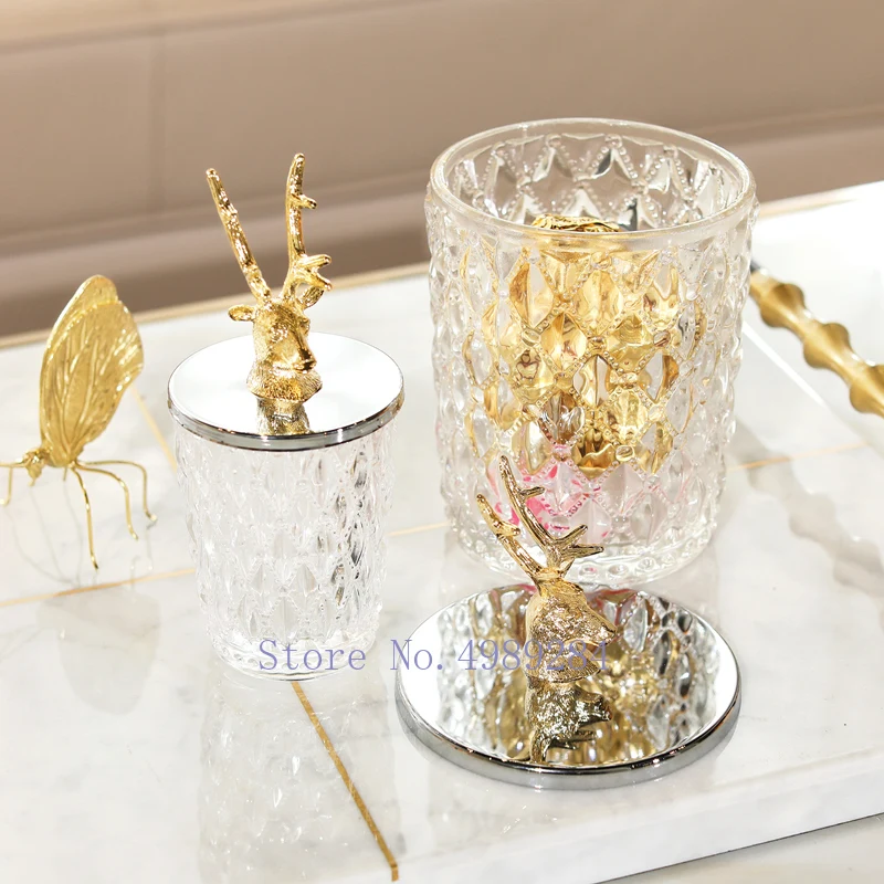Creative metal glass Storage tank candy jar Desktop storage organization deer cover Modern home Decorative ornaments container