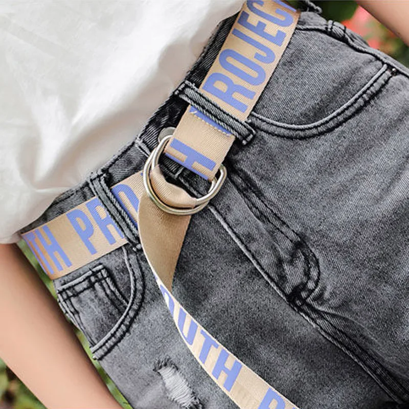 Модный тканевый ремень с буквенным принтом Harajuku для мужчин и женщин, студенческие повседневные джинсы с d-образным кольцом и пряжкой, поясные ремни, белый пояс Z30