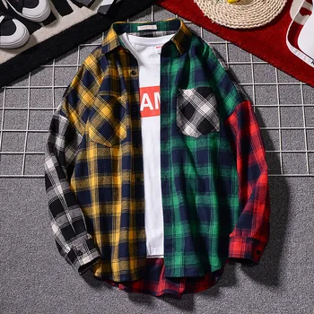 

2019 Plaid Long Sleeve Shirt Men and Women Couple Models Spring and Autumn Loose Color Matching Hip-hop Trend Thin Shirt Jacket