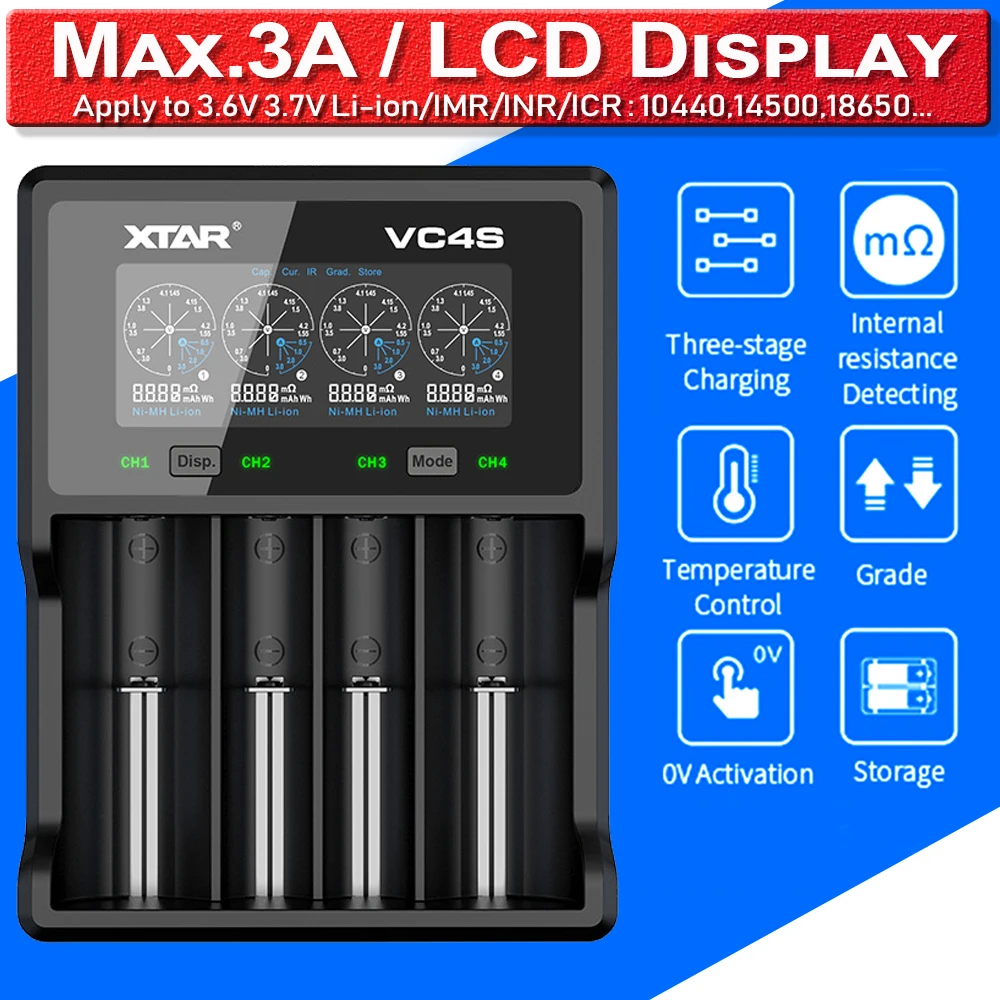 

XTAR VC4S VC2S USB 18650 20700 21700 32650 20700 CR123A Li-Ion Ni-MH Battery LCD Charger 2-Bay 4-Bay