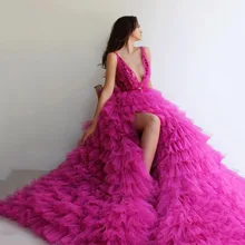 

Plunging V Neck Tiered Ruffles Evening Dresses Side Slit Long 2020 Plus Size Formal Evening Gowns Vestido De Festa Long