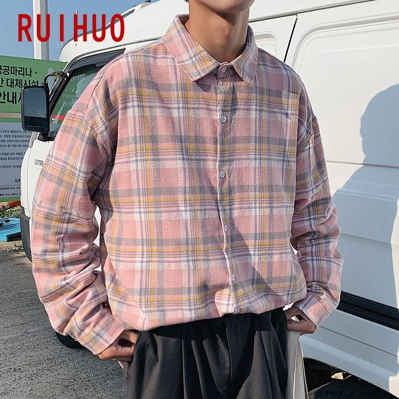 Рубашка RUIHUO мужская с длинным рукавом Повседневная блуза в клетку облегающая