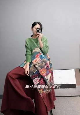 Бургундия Горячая Miyake fold три четверти печати длинное платье+ Твердые широкие брюки костюм - Цвет: Бургундия