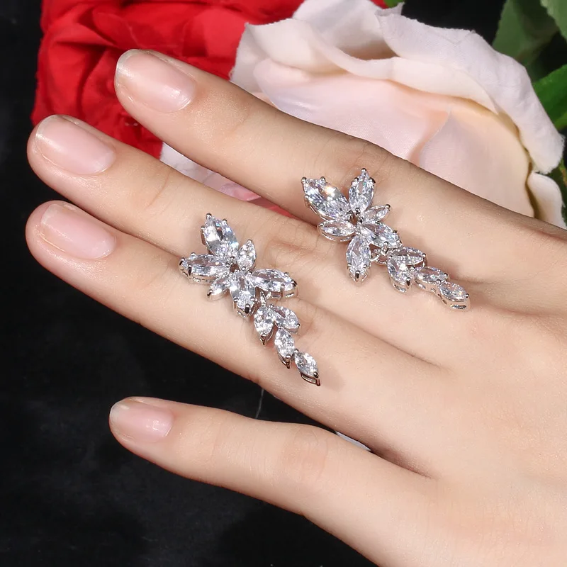 Модные длинные висячие серьги с кубическим цирконием и цветком милые фианитами