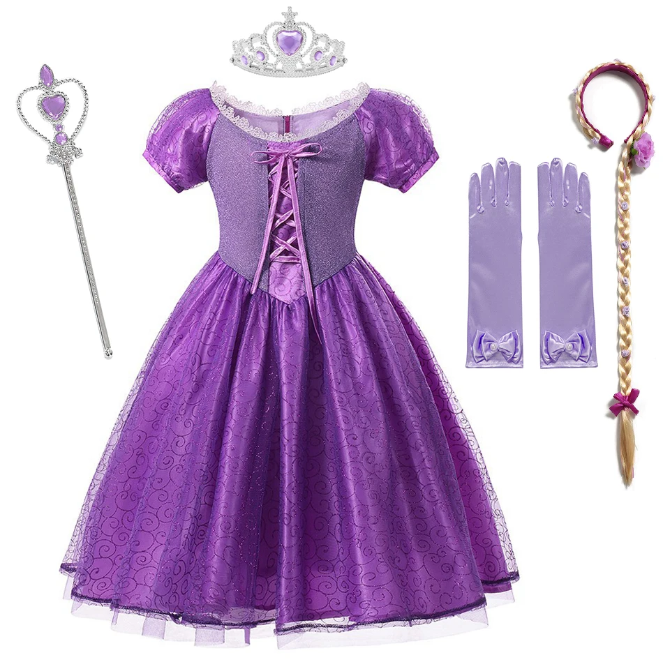 

MUABABY Girls Deluxe Rapunzel Princess Costume Short Sleeve Drawstring Bowknot Floral Fancy Party Gown Halloween Cosplay Clothes