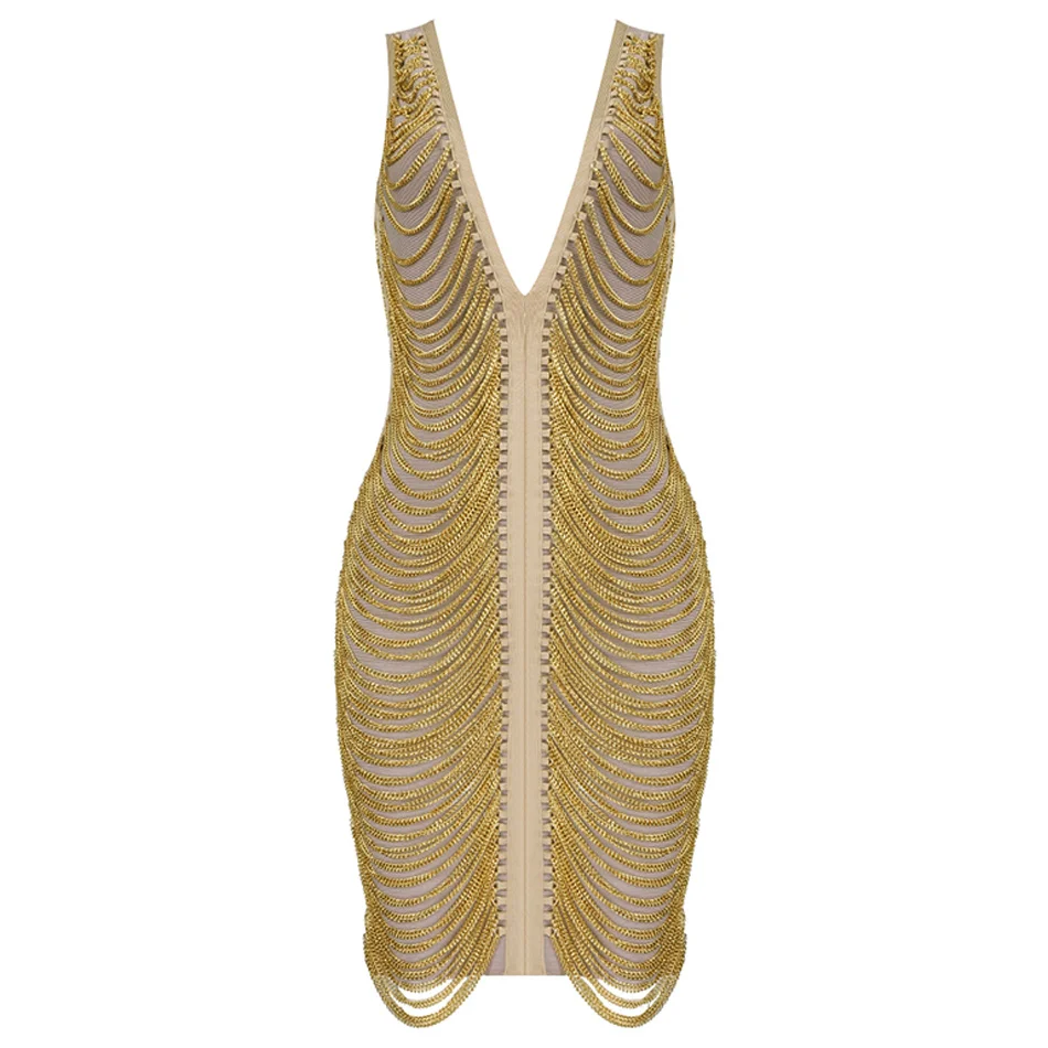 Ornate-Draped-Metal-Chain-Femme-Bandage-Dress-Plunge-V-Neck-Cold-Shoulder-Sleeveless-Mini-V-Back