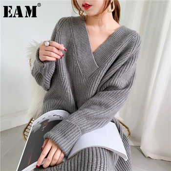 

[EAM] Gray Big Size Knitting Sweater Loose Fit V-Neck Long Sleeve Women Pullovers New Fashion Tide Autumn Winter 2020 1Y166