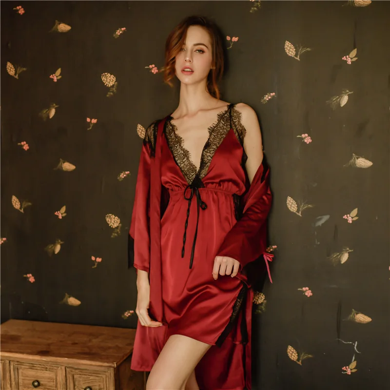 Новинка, Женский Осенний банный халат, 2 предмета, одежда для сна, Атласный халат, набор, сексуальная женская домашняя одежда, ночная рубашка, элегантное Ночное платье, H873 - Цвет: Red