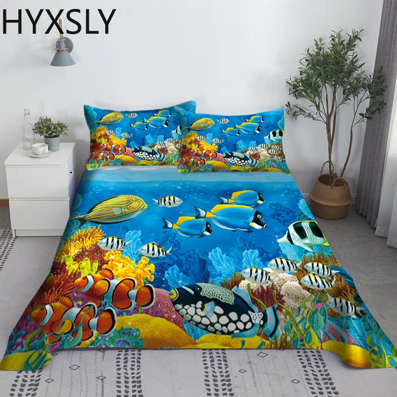 2/3PCS Marine Organism Bed Sheet Set 3D Printing Underwater World Polyester Bed Flat Sheet With Pillowcase 1/1.2/1.35/1.5/1.8/2m