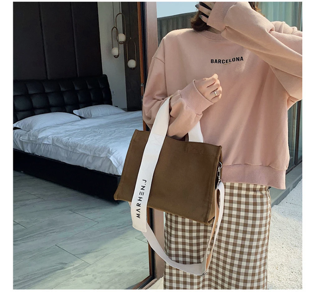 Women Fashion Canvas Shoulder Bag Large Capacity Female Big Tote Handbag Folding Reusable Shopping Bags Thin Strap Cloth Bags