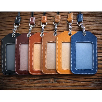 

Vertical Style Leather ID Card Badge Holder Case with Neck Strap Lanyard X5XA