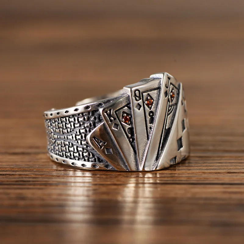 KOFSAC Trendy Creative Card A K Q J Ring For Men Jewelry Vintage Open Size 925 Sterling Silver Ring Boy Gifts Party Accessories silver ring,silver rings