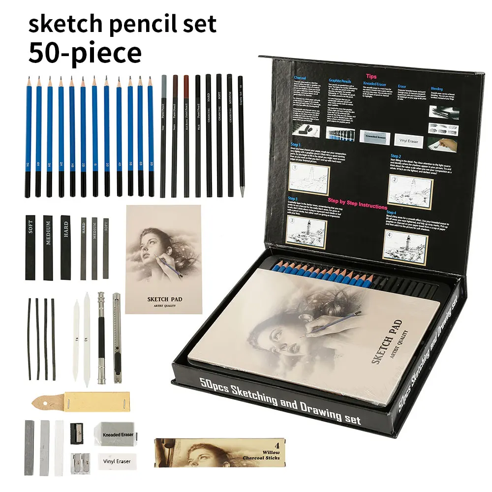 50Pcs Sketch Pencils Set Professional Art Supplies Wood Draw Pen Pencil