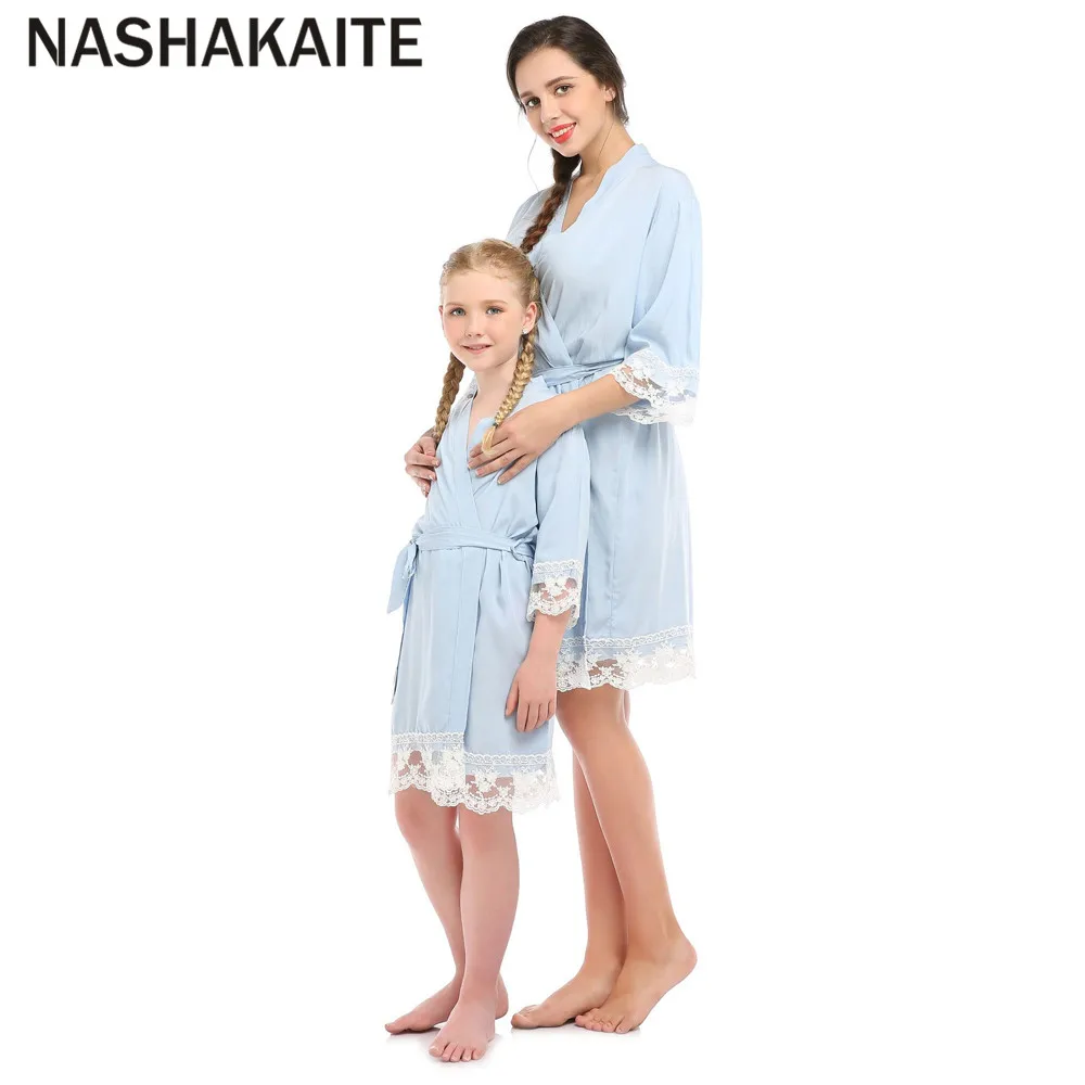 Light Blue NASHAKAITE; милая семейная Пижама; тонкая летняя кружевная ночная рубашка; одежда для сна для мамы и дочки; семейный образ - Цвет: Light Blue
