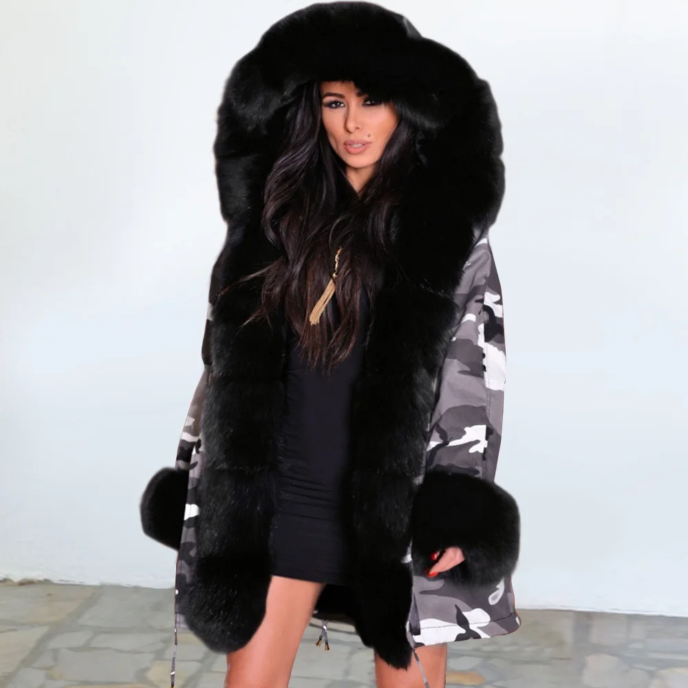 Теплое Женское пальто с меховым воротником, длинное плотное камуфляжное плюшевое пальто с капюшоном, зимняя женская куртка размера плюс, верхняя одежда, парка для женщин