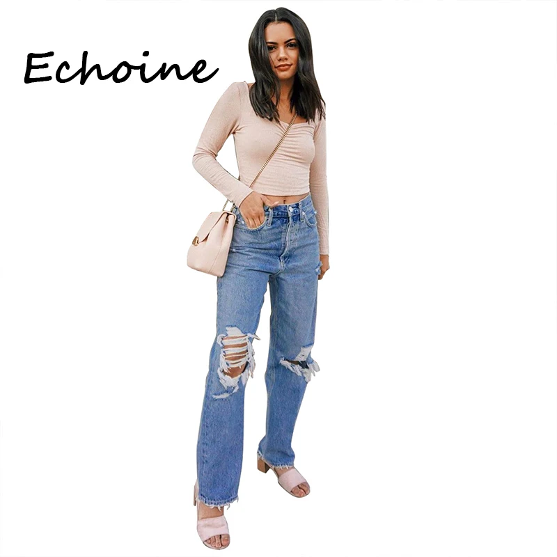 

Echoine Jeans Woman Denim Blue Casual Cowboy High Waist Pencil Long Pants Hole Out Boyfriend Jeans For Women