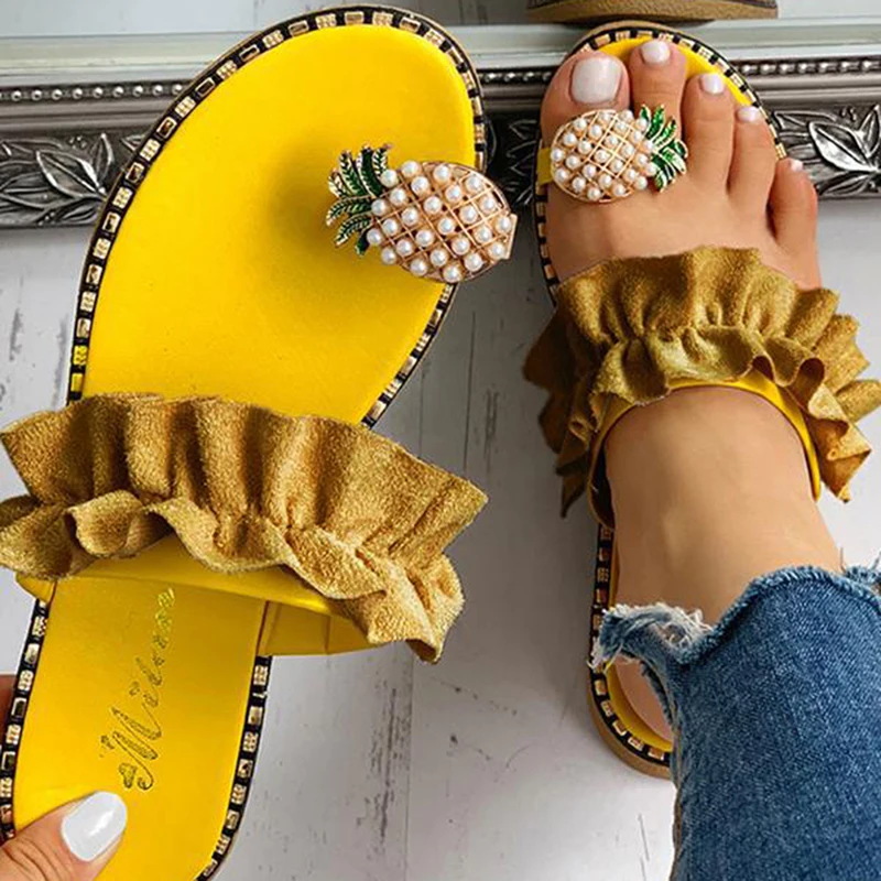 

Summer Beach Slides Female Sandals Flat Flip Flops Home Slippers Pearl Ruffles Bohemian Slippers Women Shoes For Ladies
