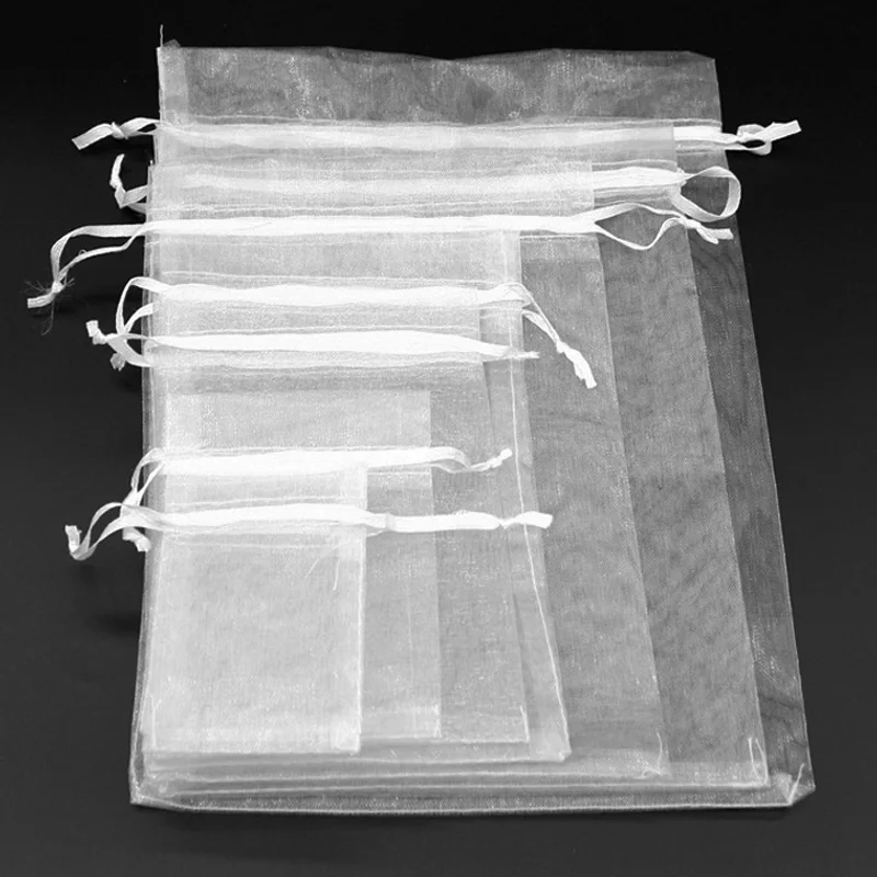 50 Uds Navidad bolsos de Organza regalo blanco 7x9 9x12 10x15 13x18cm bolsa de regalo para envoltura de joyería a Favor de fiesta de boda bolsas de embalaje de 6z